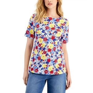 Charter Club Women's Primrose Yellow Combo Cotton Floral Boat Neck Top  Sz S NWT